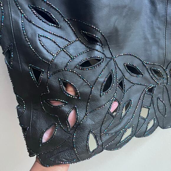 Women's Black Genuine Leather Cut Out Beaded Knee-Length Pencil Skirt Size Large - Picture 4 of 7